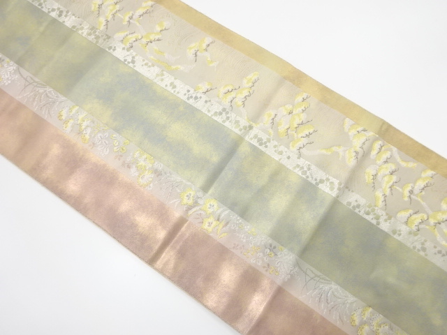 縞に松・秋草模様織り出し　袋帯